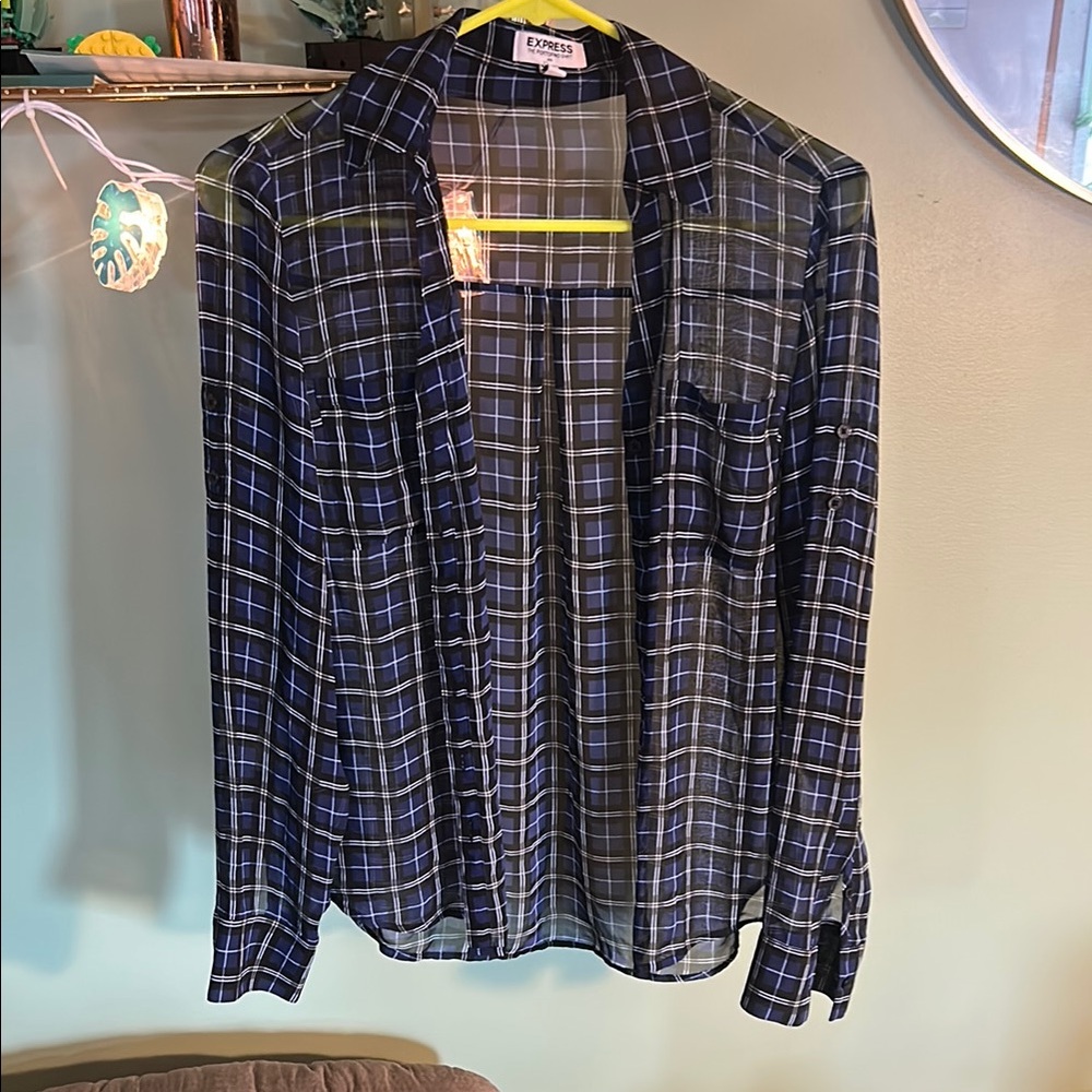 Express Navy and White Plaid Shirt